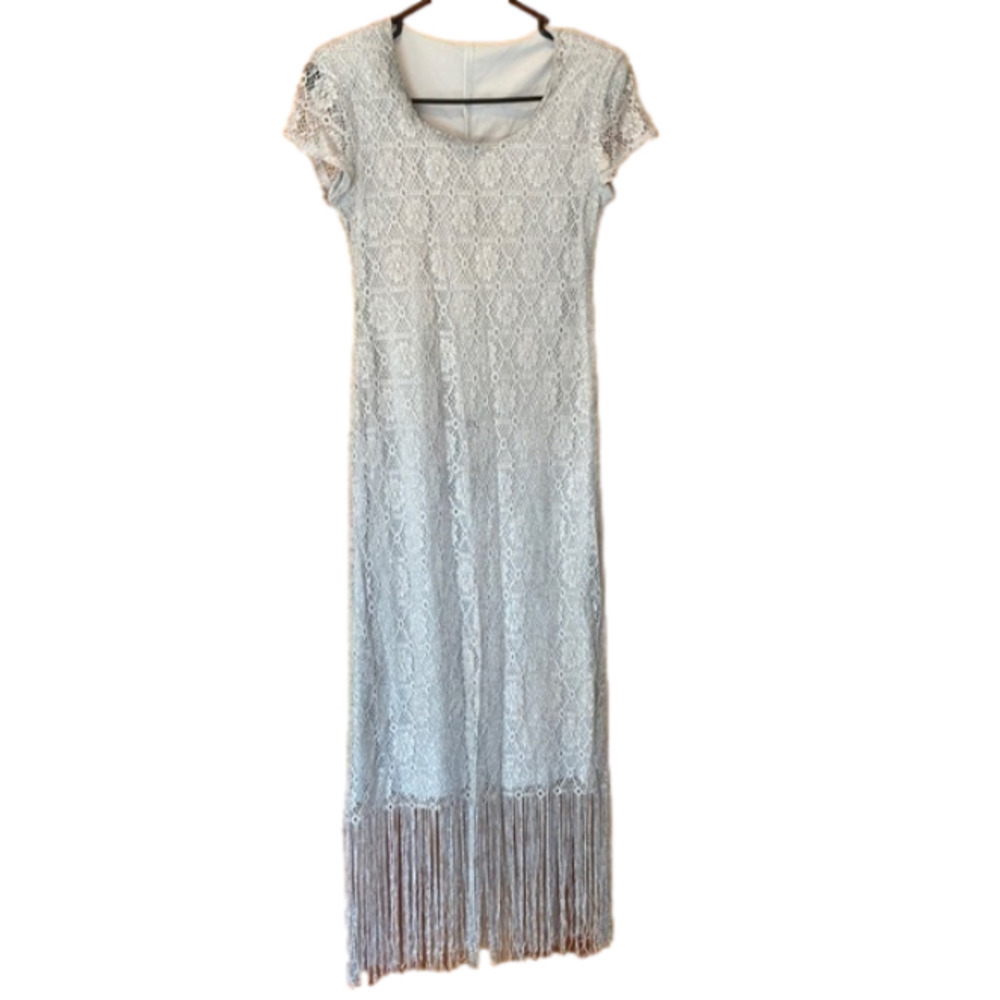 𝅺Grey and Silver Long Cap Sleeve Fringe Dress